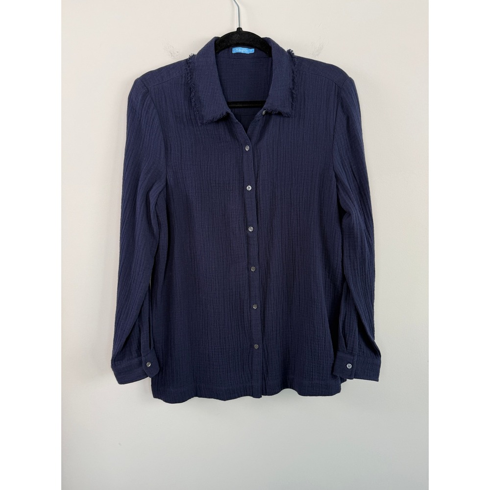 J.McLaughlin Blouse Navy Blue M Cotton Double Gauze Fringe Trim Button Down